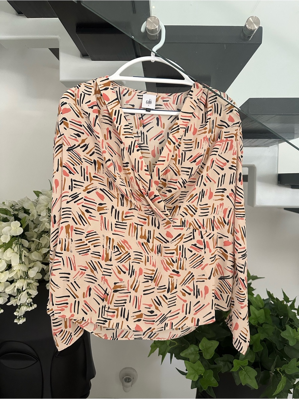 CAbi Peach Multi-Print V-Neck Long Sleeve Blouse